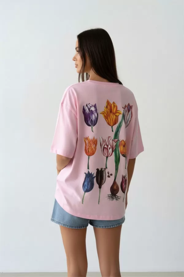 Pembe Pamuklu Baskılı Oversize Kadın Tişört