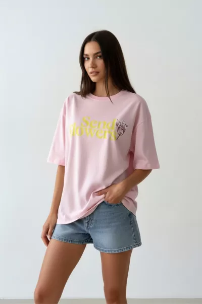 Pembe Pamuklu Baskılı Oversize Kadın Tişört