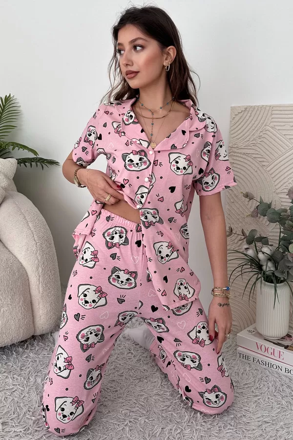 Pembe Pamuklu Kadın Pijama Takımı