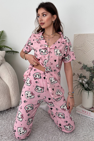 Pembe Pamuklu Kadın Pijama Takımı