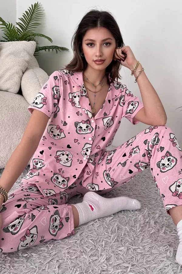 Pembe Pamuklu Kadın Pijama Takımı