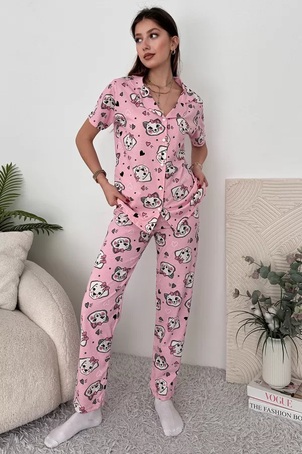 Pembe Pamuklu Kadın Pijama Takımı
