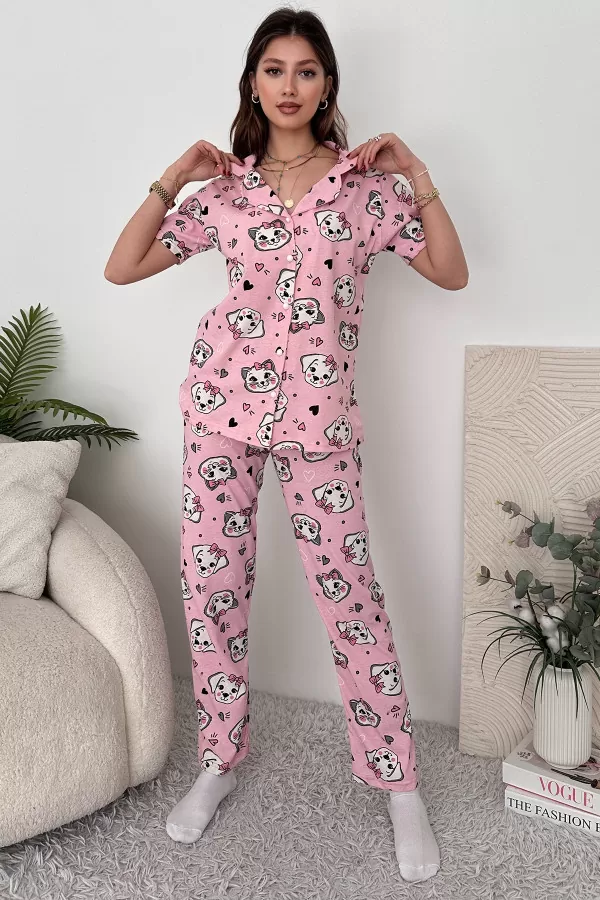 Pembe Pamuklu Kadın Pijama Takımı