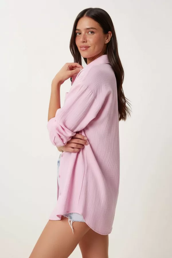 Pembe Pamuklu Müslin Kumaş Kadın Gömlek