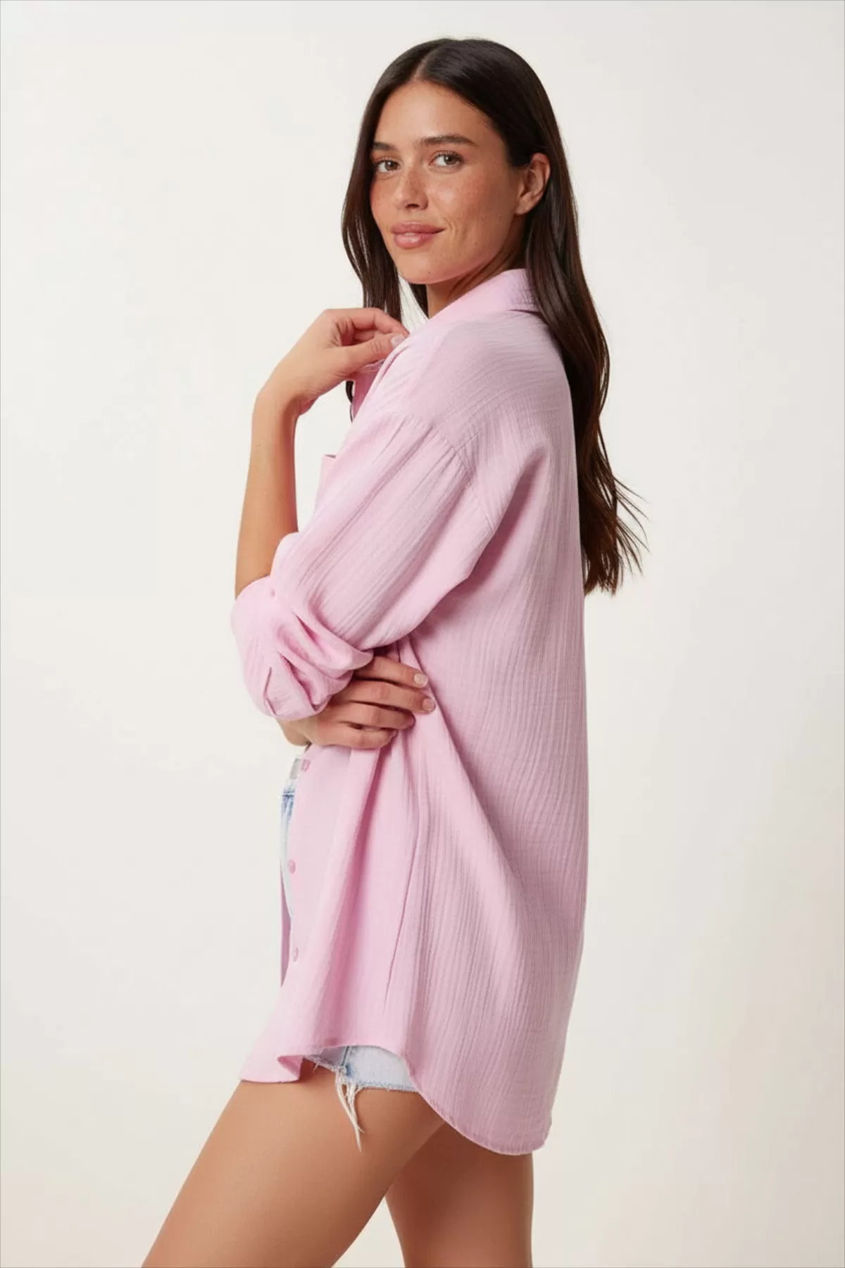 Pembe Pamuklu Müslin Kumaş Kadın Gömlek