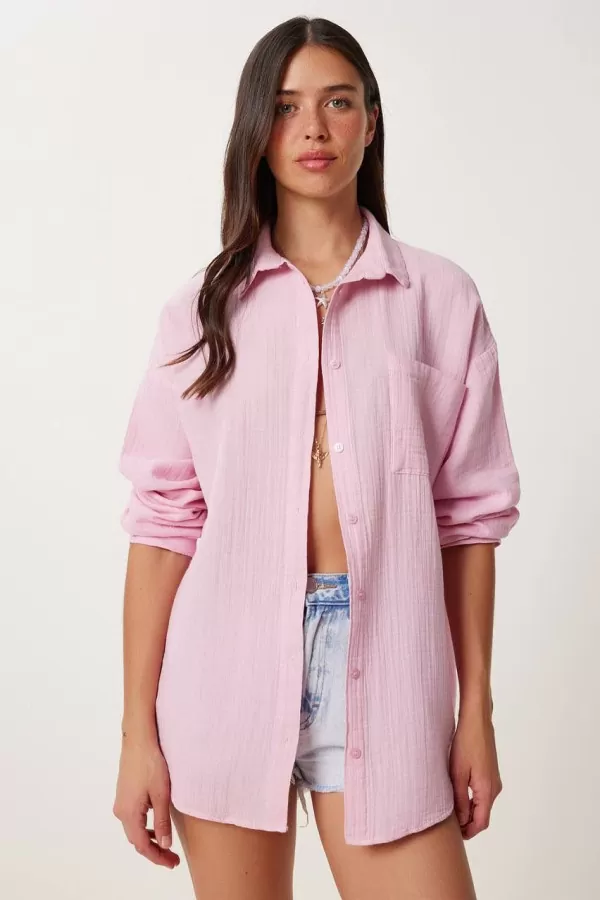 Pembe Pamuklu Müslin Kumaş Kadın Gömlek