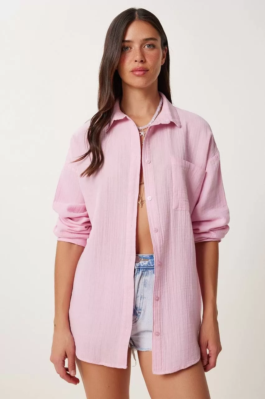 Pembe Pamuklu Müslin Kumaş Kadın Gömlek