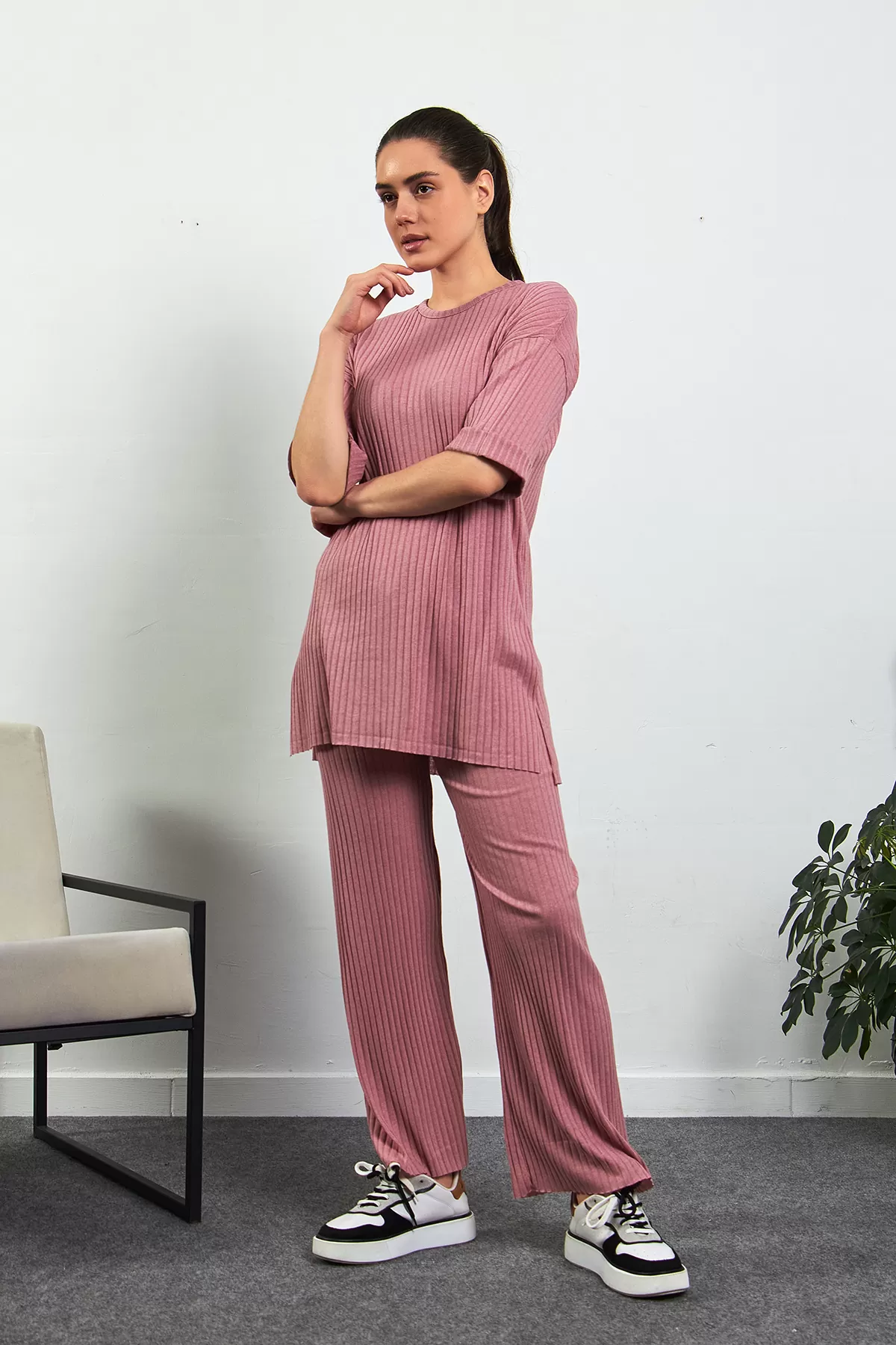 Pembe Pamuklu Pantolon Tunik İkili Takım