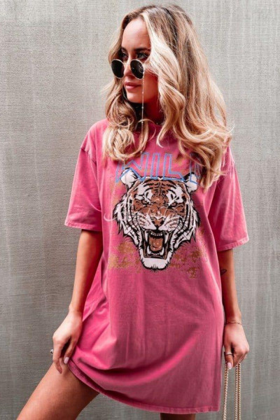 Pembe Yıkamalı Baskılı Oversize Kadın Tişört