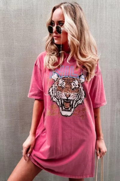 Pembe Yıkamalı Baskılı Oversize Kadın Tişört