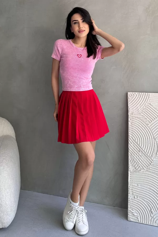 Pembe Yıkamalı Nakışlı Body