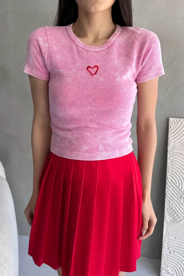 Pembe Yıkamalı Nakışlı Body