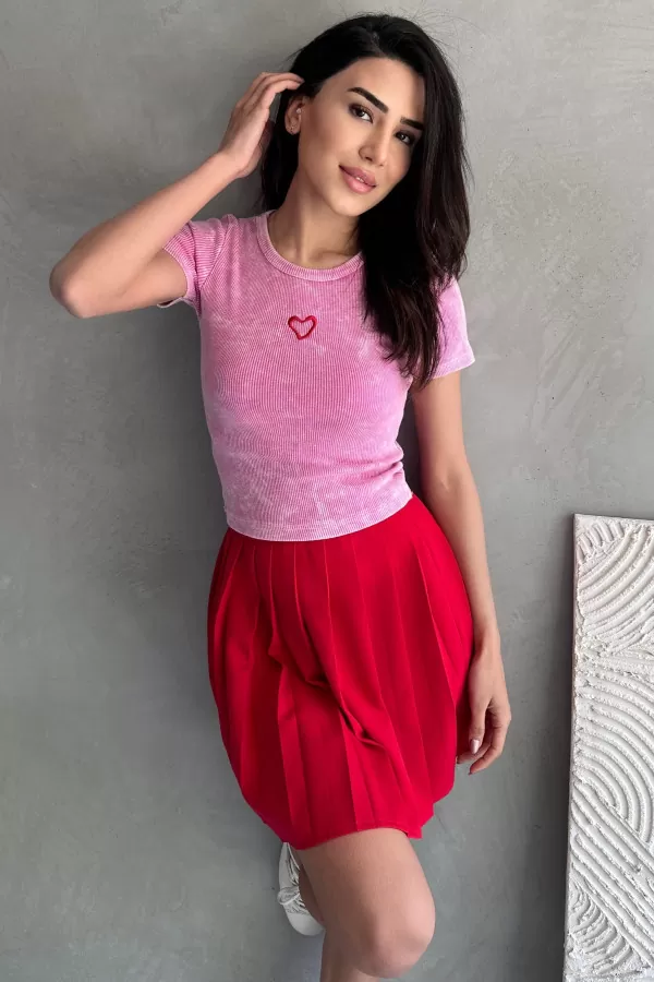 Pembe Yıkamalı Nakışlı Body