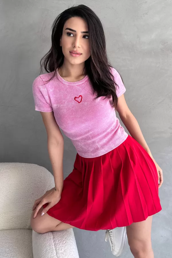 Pembe Yıkamalı Nakışlı Body