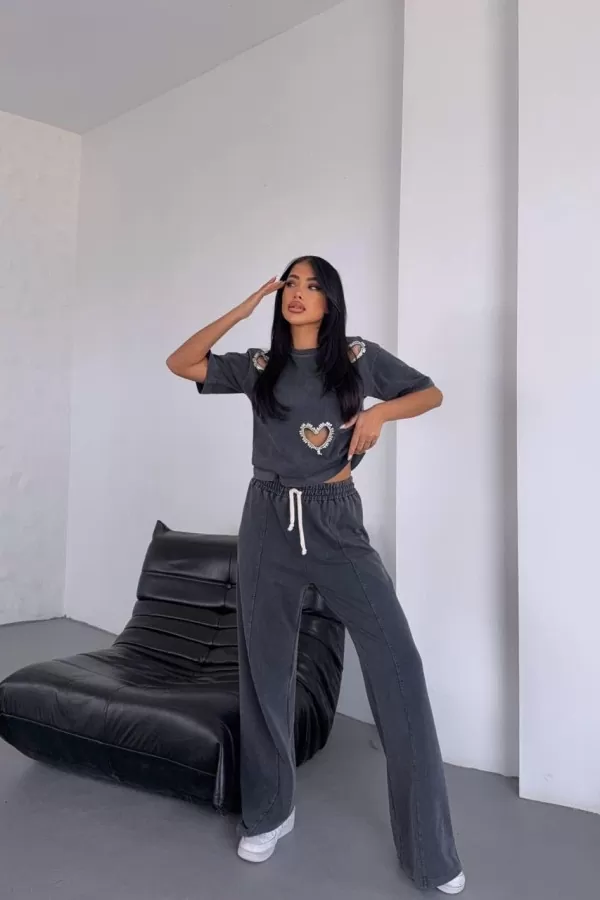 Pencere Detaylı Antrasit Kadın Alt Üst Takım