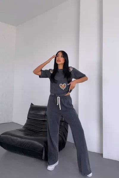 Pencere Detaylı Antrasit Kadın Alt Üst Takım