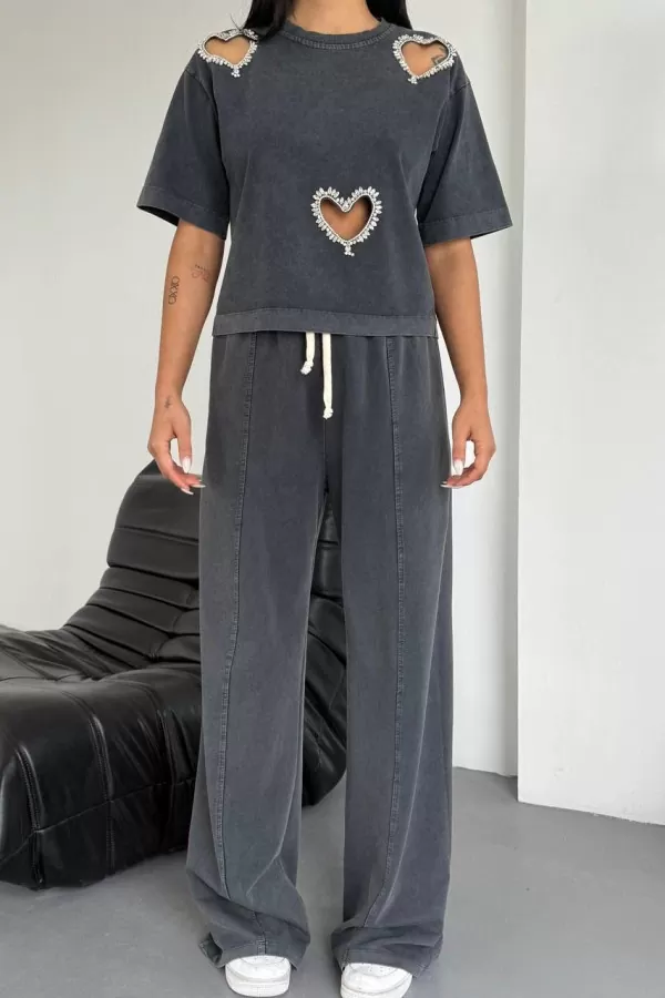 Pencere Detaylı Antrasit Kadın Alt Üst Takım