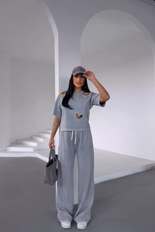 Pencere Detaylı Gri Kadın Alt Üst Takım