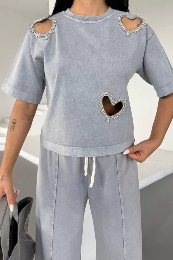 Pencere Detaylı Gri Kadın Alt Üst Takım