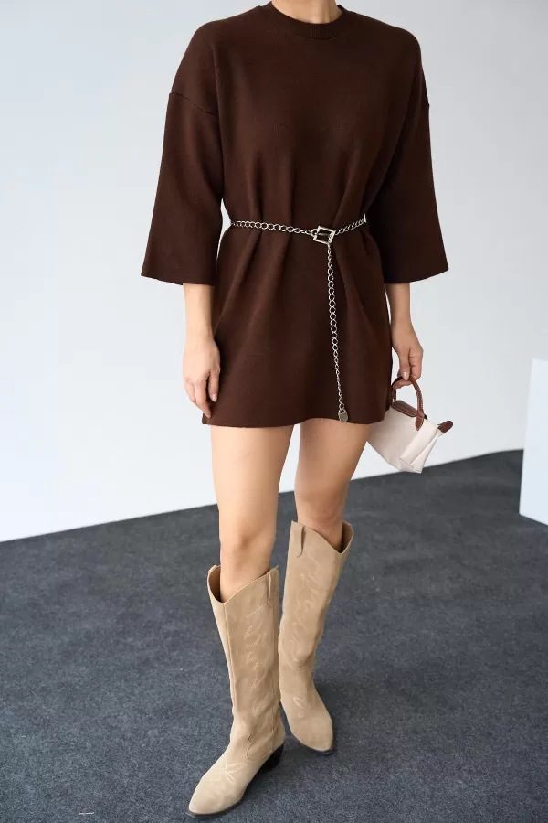 Penssiz Düz Acı Kahve Mini Elbise