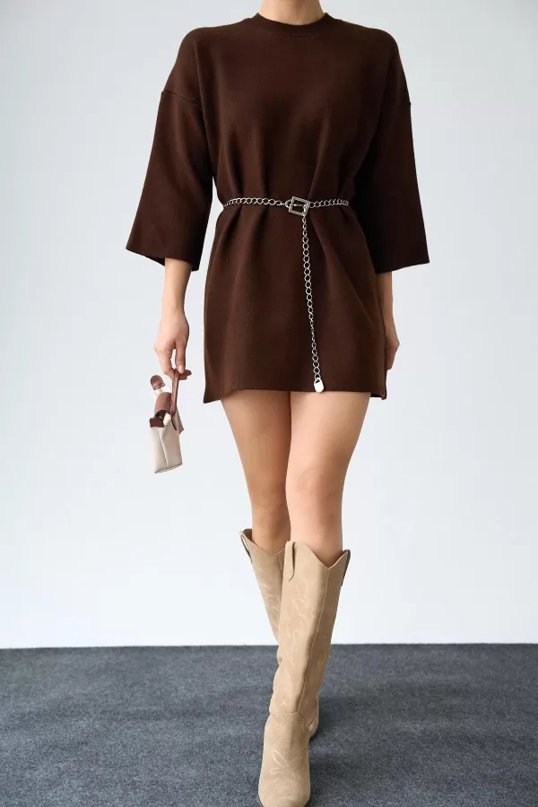 Penssiz Düz Acı Kahve Mini Elbise