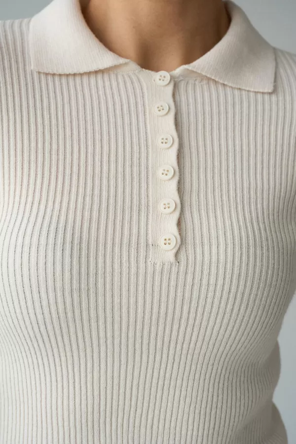 Polo Yaka 6 Düğmeli Krem Triko Kadın Kazak