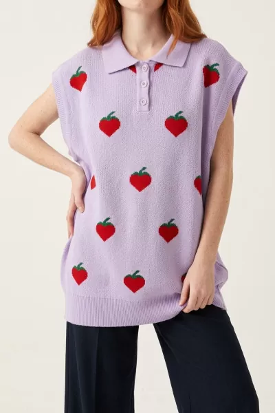 Polo Yaka Çilek Desenli Lila Triko Kolsuz Süveter