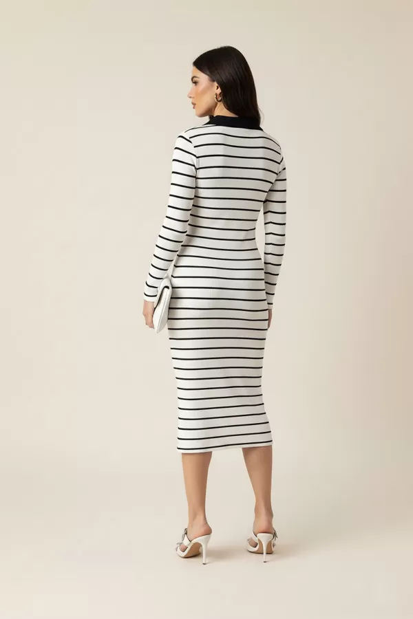Polo Yaka Çizgili Ekru Kaşkorse Midi Elbise