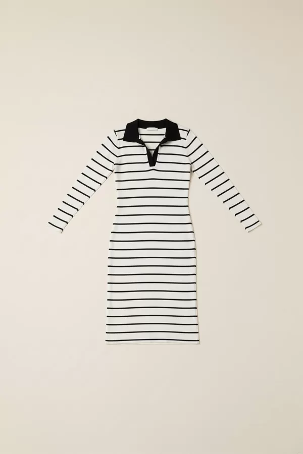 Polo Yaka Çizgili Ekru Kaşkorse Midi Elbise