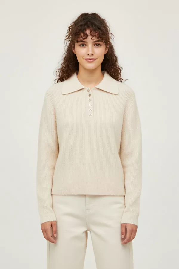 Polo Yaka Ekru Örme Kadın Kazak