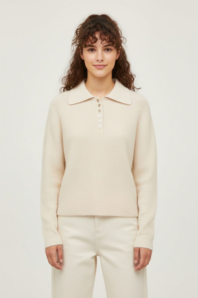 Polo Yaka Ekru Örme Kadın Kazak