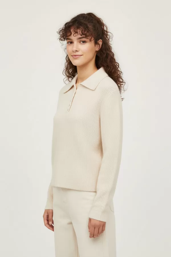 Polo Yaka Ekru Örme Kadın Kazak