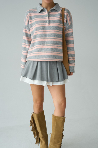 Polo Yaka Gri Pudra Çizgili Triko Kadın Kazak