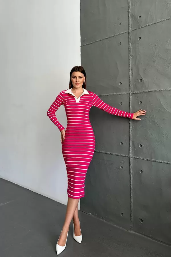 Polo Yaka Pembe Beyaz Çizgili Kaşkorse Midi Elbise