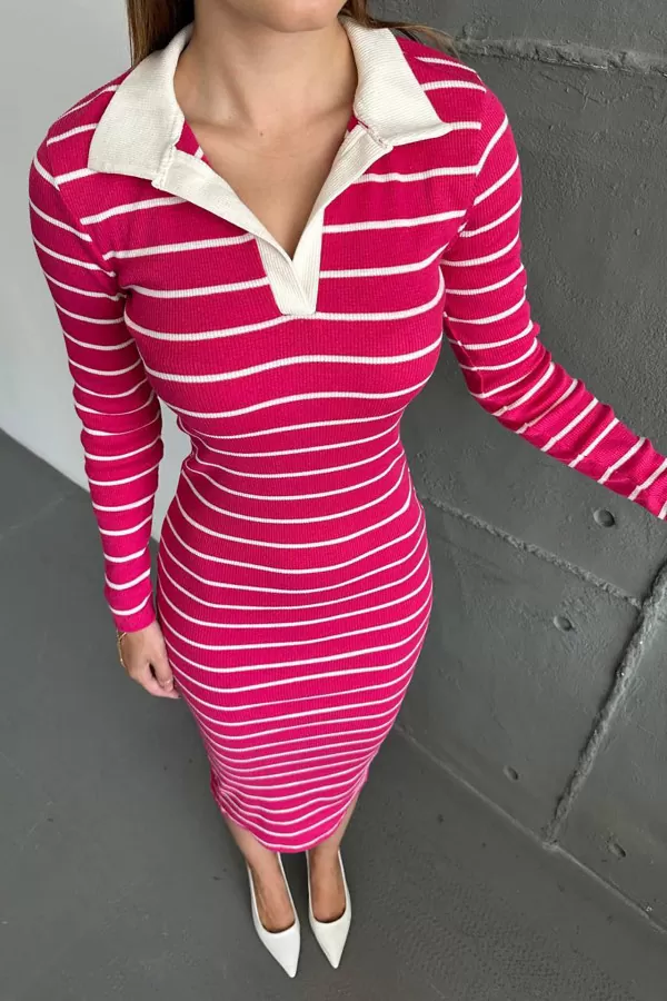 Polo Yaka Pembe Beyaz Çizgili Kaşkorse Midi Elbise
