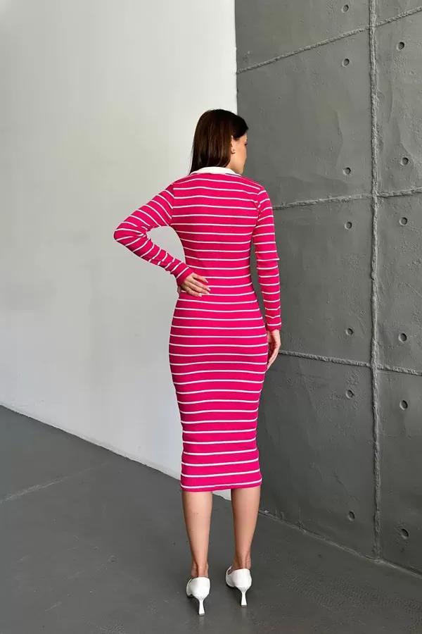 Polo Yaka Pembe Beyaz Çizgili Kaşkorse Midi Elbise