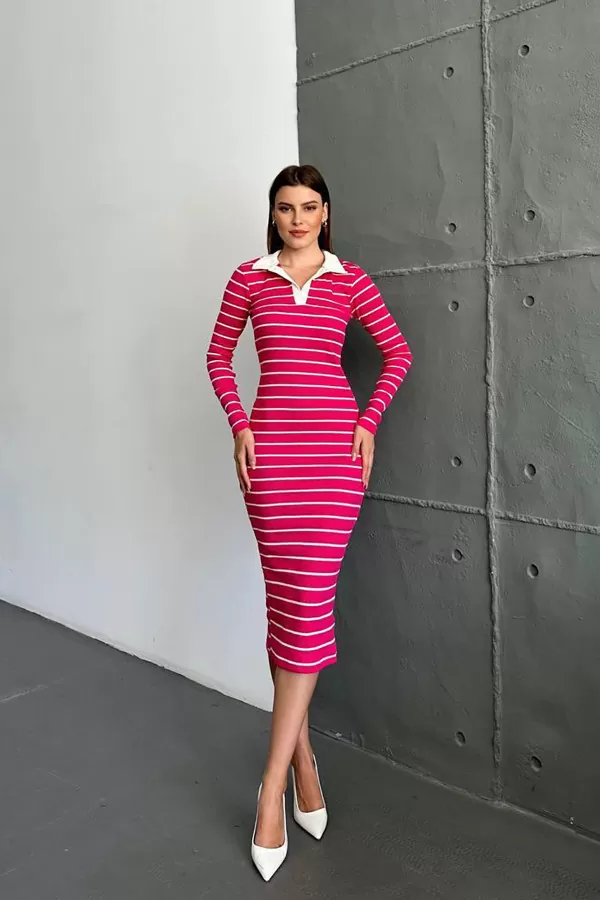 Polo Yaka Pembe Beyaz Çizgili Kaşkorse Midi Elbise