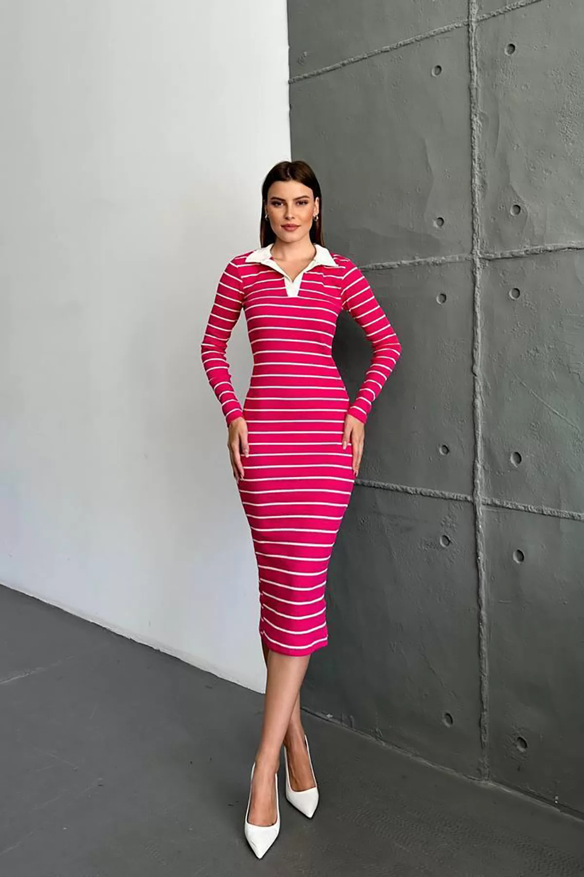 Polo Yaka Pembe Beyaz Çizgili Kaşkorse Midi Elbise