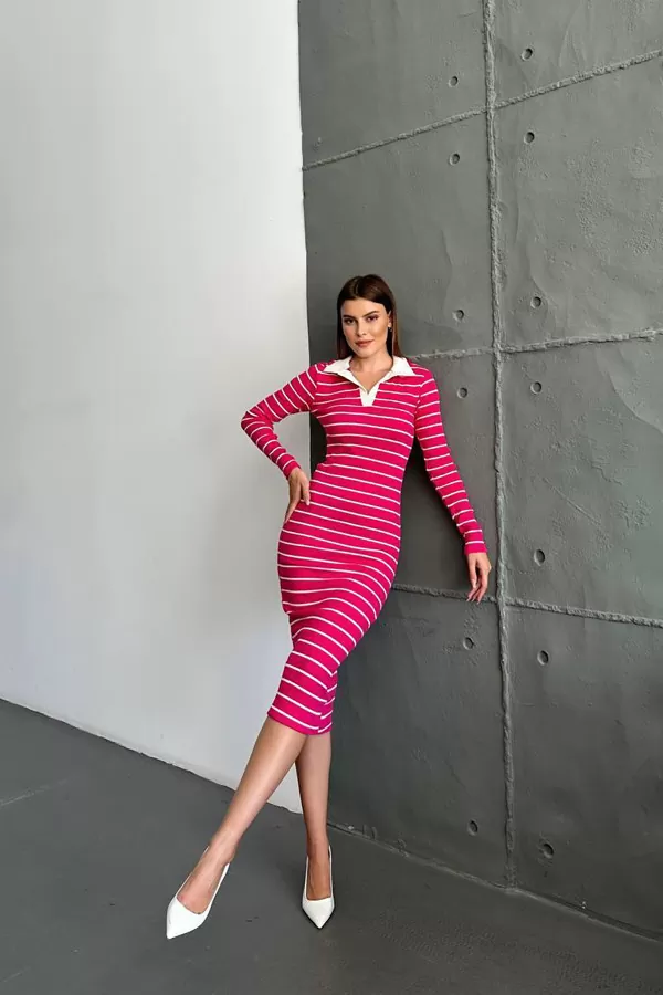 Polo Yaka Pembe Beyaz Çizgili Kaşkorse Midi Elbise