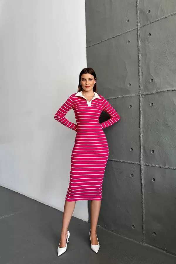 Polo Yaka Pembe Beyaz Çizgili Kaşkorse Midi Elbise