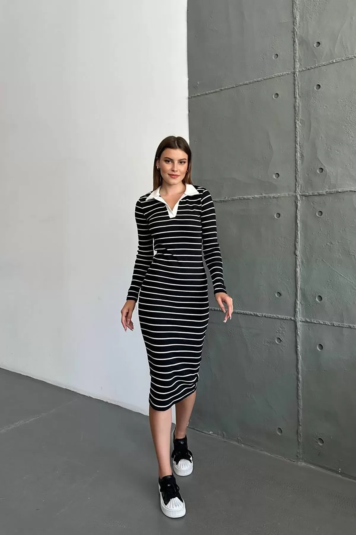 Polo Yaka Siyah Beyaz Çizgili Kaşkorse Midi Elbise
