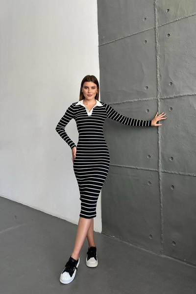 Polo Yaka Siyah Beyaz Çizgili Kaşkorse Midi Elbise