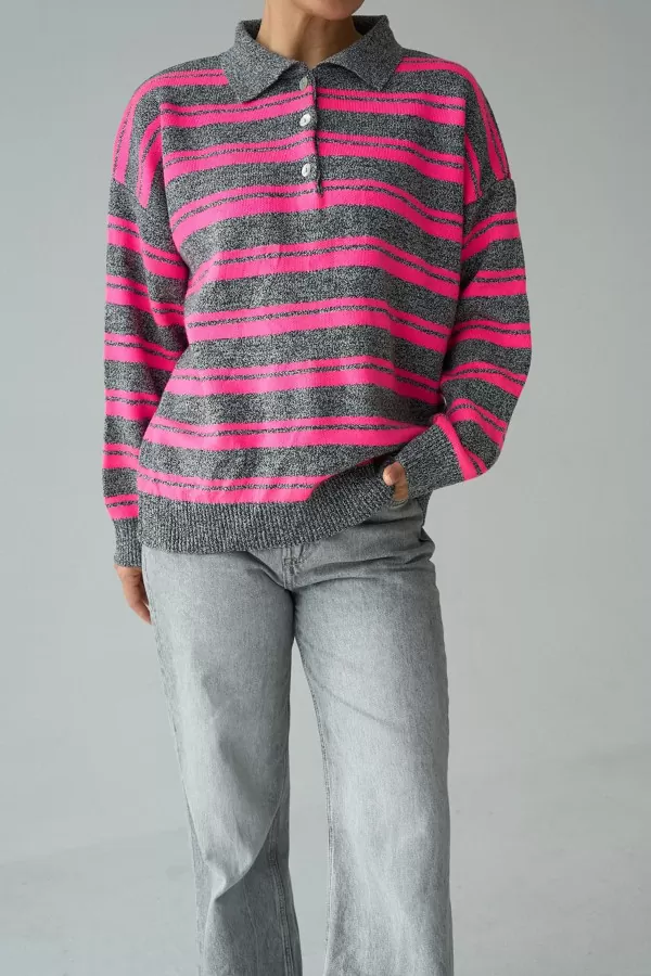 Polo Yaka Siyah Neon Pembe Çizgili Triko Kadın Kazak