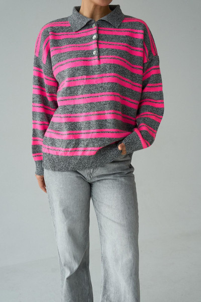 Polo Yaka Siyah Neon Pembe Çizgili Triko Kadın Kazak