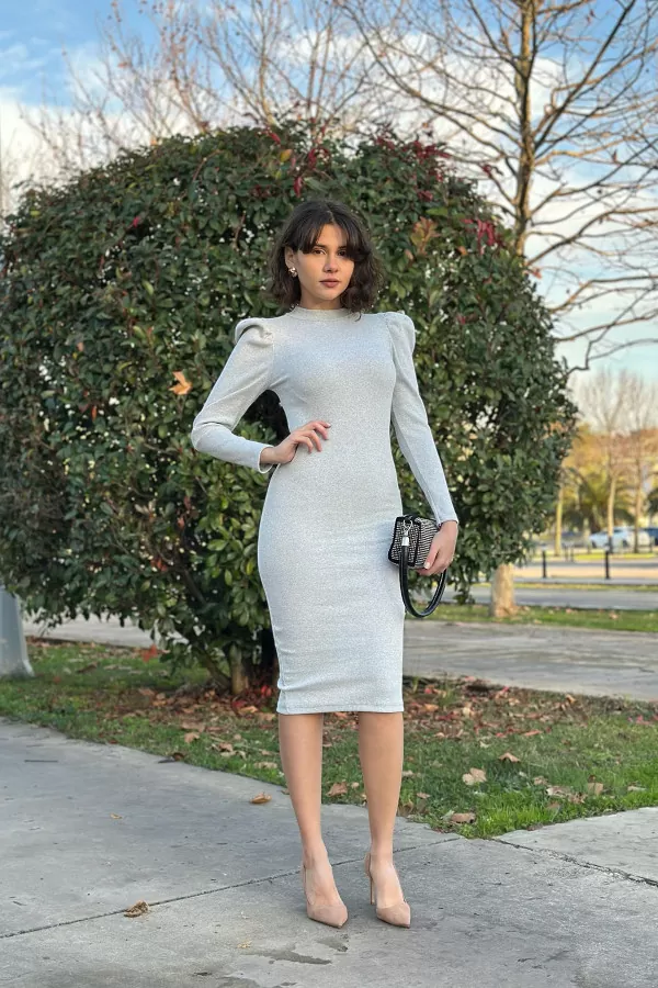 Prenses Kol Gri Kaşkorse Midi Elbise