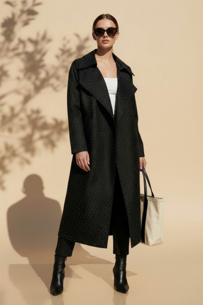 Puanlı Siyah Kadın Trençkot