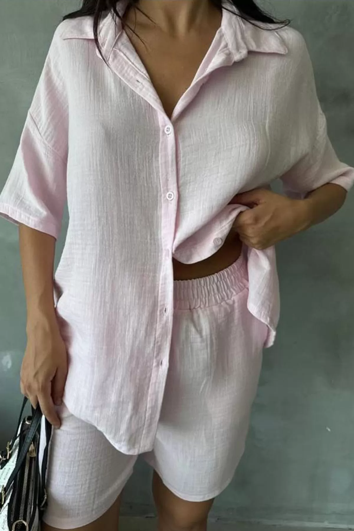 Pudra Pembe Keten Şort Gömlek Kadın Alt Üst Takım