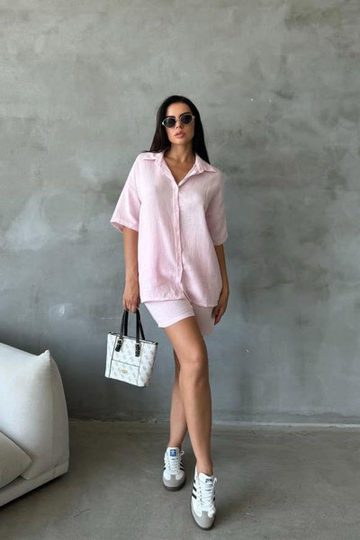 Pudra Pembe Keten Şort Gömlek Kadın Alt Üst Takım