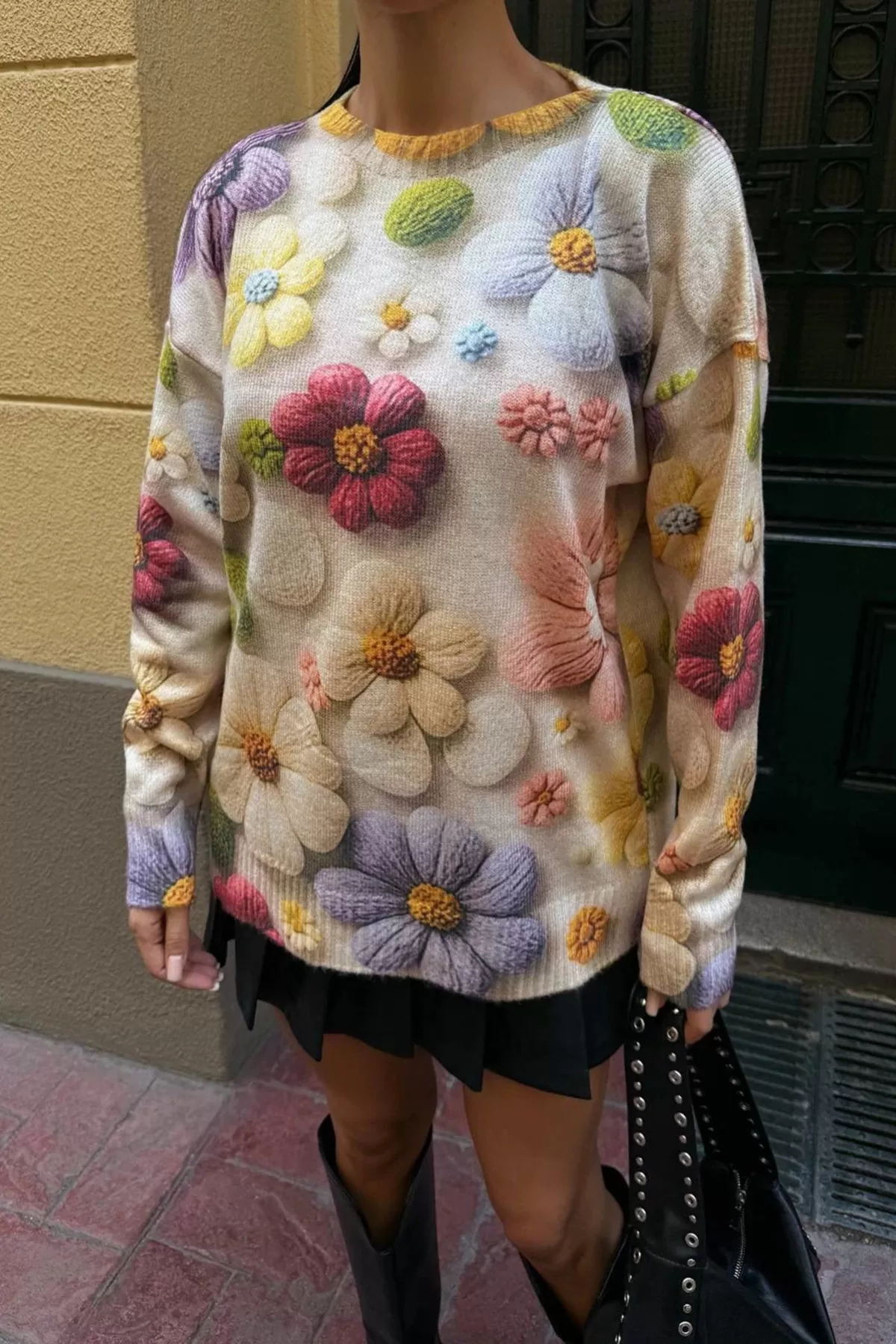 Renkli Çiçek Desenli Triko Kadın Kazak