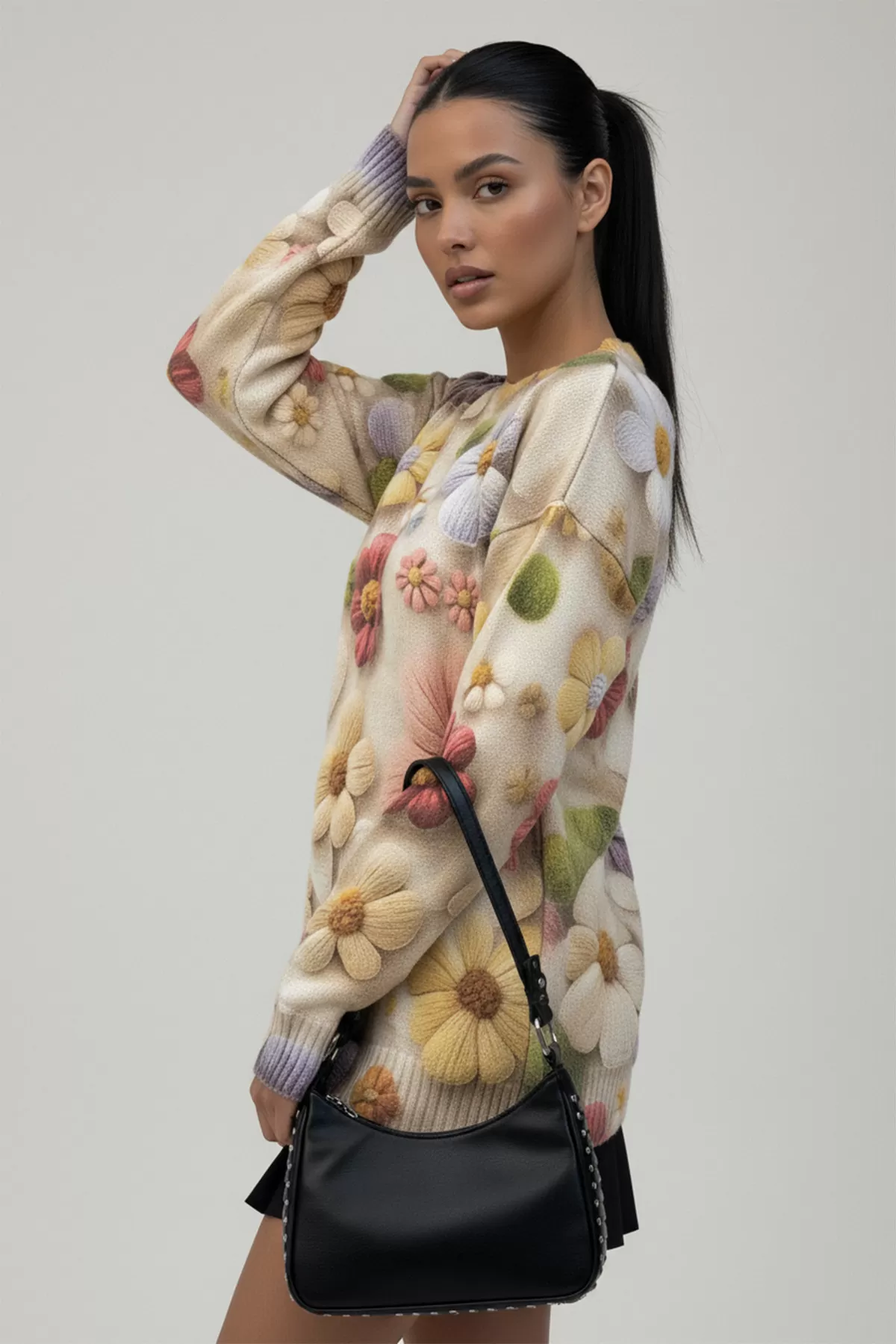 Renkli Çiçek Desenli Triko Kadın Kazak